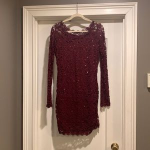 Party dress, Maroon, sheath with lacy sequin overlay.